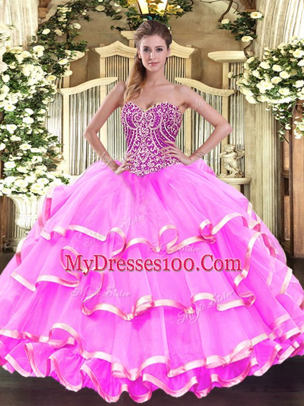 Luxurious Rose Pink Organza Lace Up Sweetheart Sleeveless Floor Length Vestidos de Quinceanera Beading and Ruffled Layers