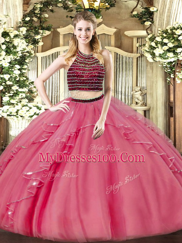Delicate Sleeveless Organza Floor Length Zipper Quinceanera Dress in Coral Red with Beading and Ruffles