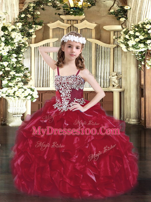 Organza Straps Sleeveless Lace Up Appliques and Ruffles Pageant Dress for Girls in Wine Red