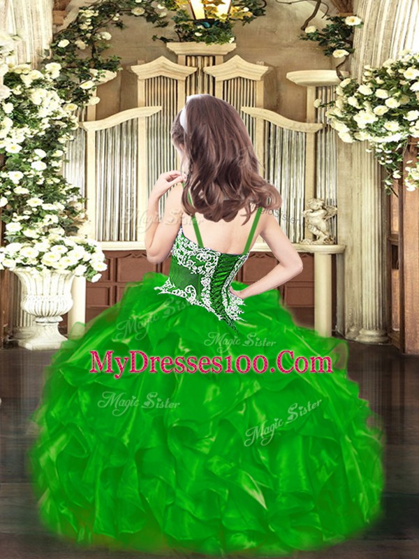Organza Straps Sleeveless Lace Up Appliques and Ruffles Pageant Dress for Girls in Wine Red