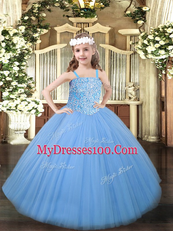 Baby Blue Straps Lace Up Beading Girls Pageant Dresses Sleeveless