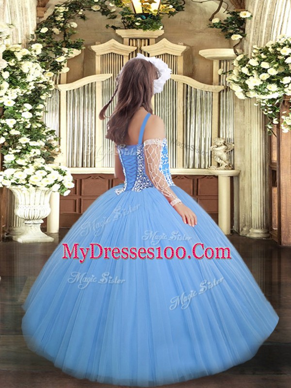 Baby Blue Straps Lace Up Beading Girls Pageant Dresses Sleeveless