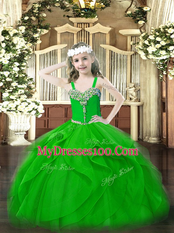 Cheap Green Lace Up Girls Pageant Dresses Beading and Ruffles Sleeveless Floor Length