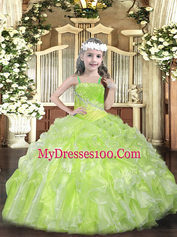 Eye-catching Beading and Ruffles Child Pageant Dress Yellow Green Lace Up Sleeveless Floor Length