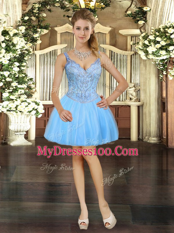 Tulle V-neck Sleeveless Lace Up Beading Club Wear in Light Blue