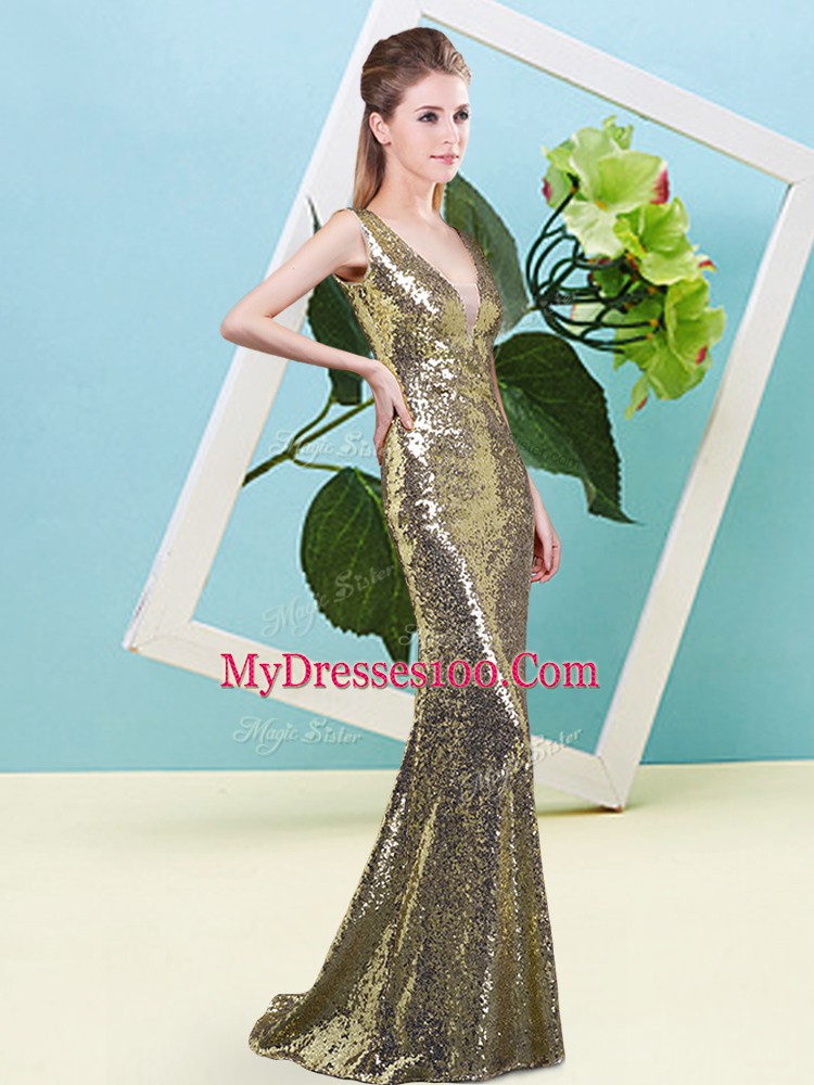Spectacular Sequins Prom Evening Gown Yellow Zipper Sleeveless Floor Length