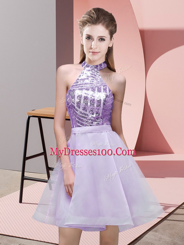 High End Lavender Sleeveless Sequins Mini Length Bridesmaid Gown