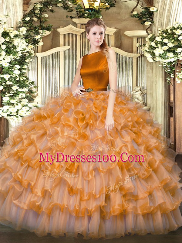 Orange Red Organza Clasp Handle 15th Birthday Dress Sleeveless Floor Length Ruffled Layers