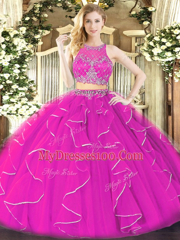 Fuchsia Scoop Zipper Ruffles Quince Ball Gowns Sleeveless