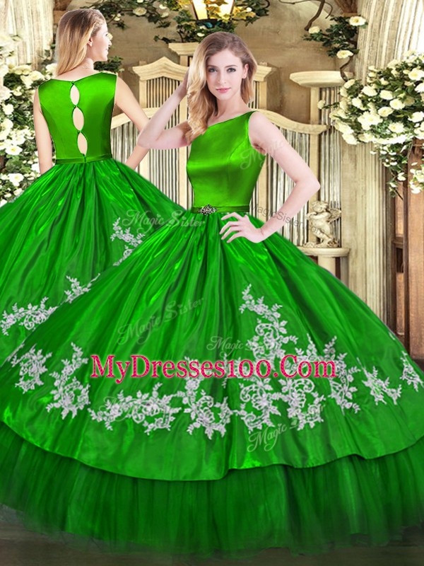 Elegant Scoop Sleeveless Quince Ball Gowns Floor Length Embroidery Green Satin and Tulle