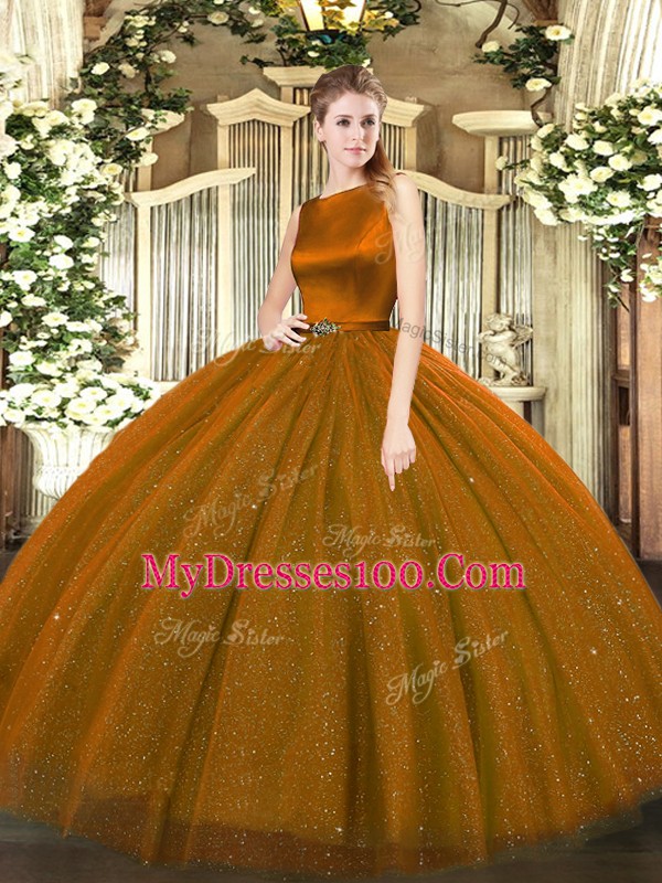 Best Selling Brown Ball Gowns Scoop Sleeveless Tulle Floor Length Clasp Handle Belt Quinceanera Dress