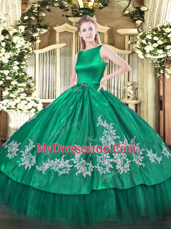Hot Sale Satin and Tulle Scoop Sleeveless Clasp Handle Embroidery Quinceanera Gown in Turquoise