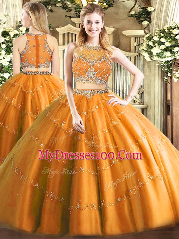 Floor Length Orange Quinceanera Gowns Scoop Sleeveless Zipper