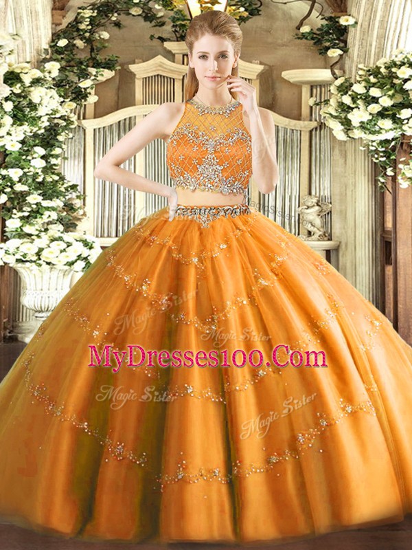 Floor Length Orange Quinceanera Gowns Scoop Sleeveless Zipper