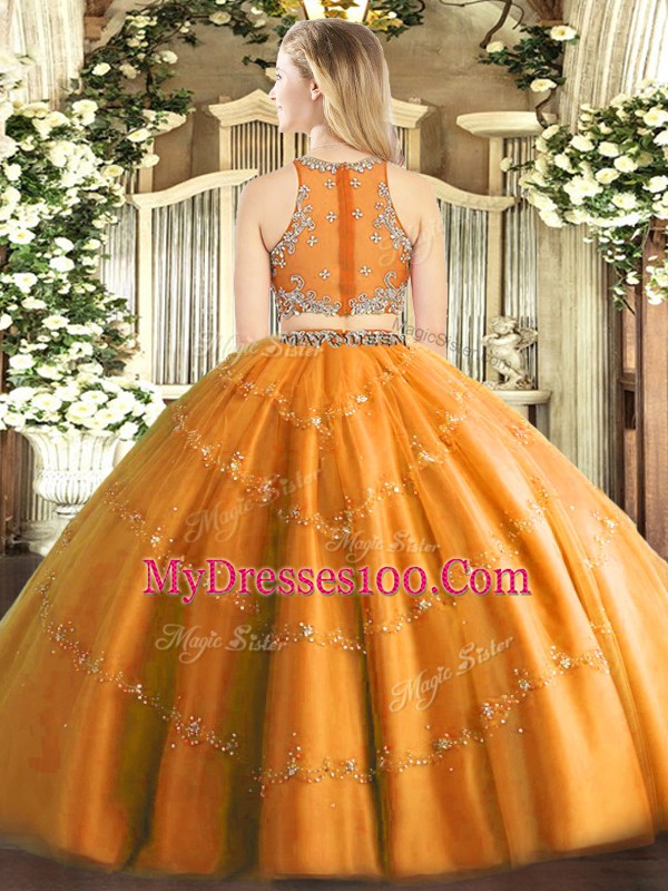 Floor Length Orange Quinceanera Gowns Scoop Sleeveless Zipper