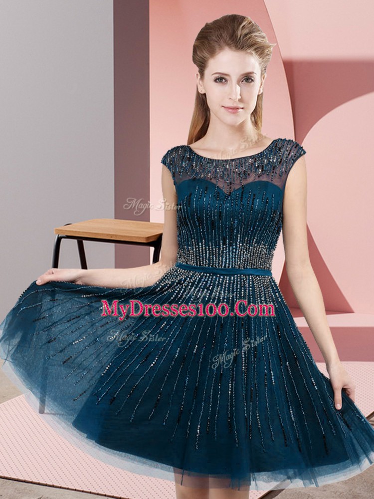 Beauteous Navy Blue Prom and Party with Beading Scoop Sleeveless Backless