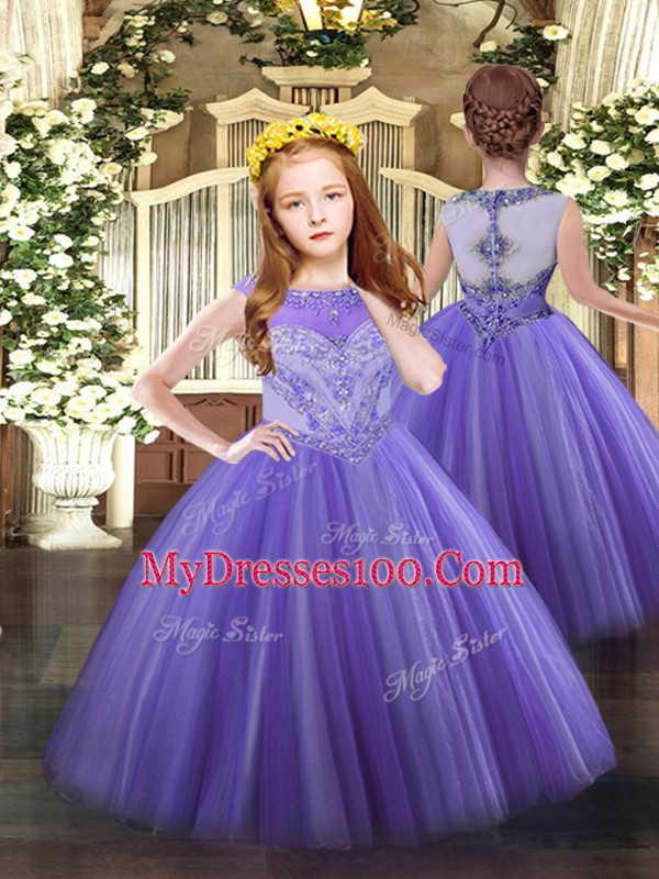 Lavender Ball Gowns Tulle Scoop Sleeveless Beading Floor Length Zipper Kids Pageant Dress