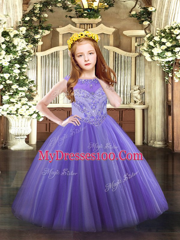 Lavender Ball Gowns Tulle Scoop Sleeveless Beading Floor Length Zipper Kids Pageant Dress