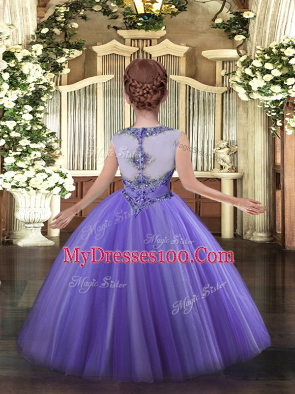 Lavender Ball Gowns Tulle Scoop Sleeveless Beading Floor Length Zipper Kids Pageant Dress