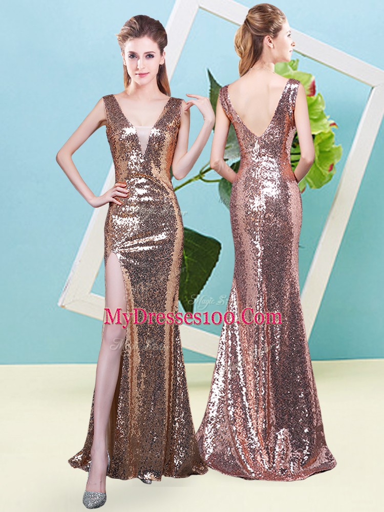 Gold V-neck Zipper Sequins Prom Evening Gown Sleeveless