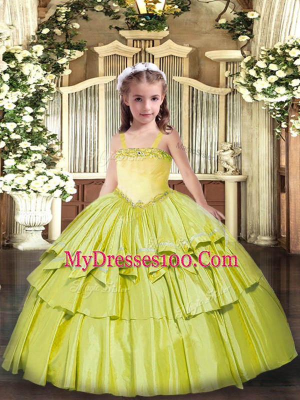 Olive Green Straps Neckline Appliques and Ruffled Layers Child Pageant Dress Sleeveless Lace Up