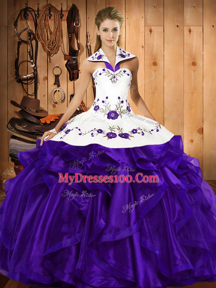 Organza Halter Top Sleeveless Lace Up Embroidery and Ruffled Layers 15th Birthday Dress in Purple