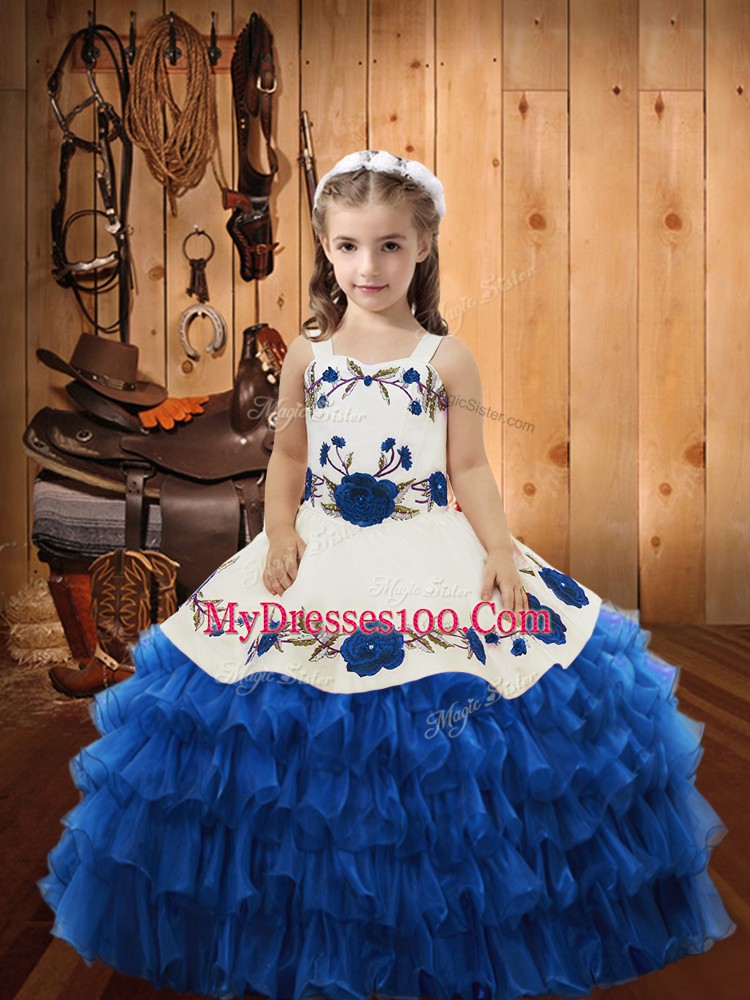 Sleeveless Organza Floor Length Lace Up Glitz Pageant Dress in Blue with Embroidery and Ruffles