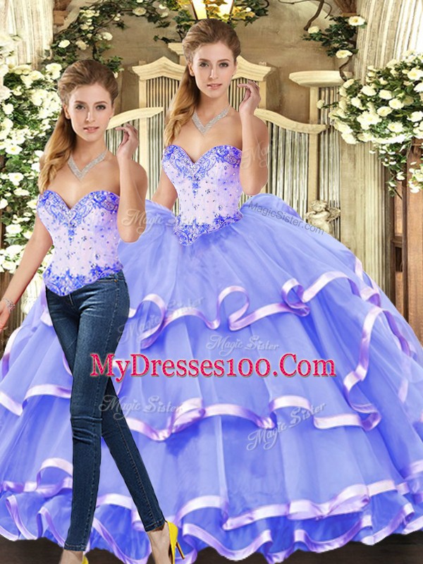Clearance Lavender Lace Up Sweetheart Beading and Ruffled Layers Vestidos de Quinceanera Tulle Sleeveless