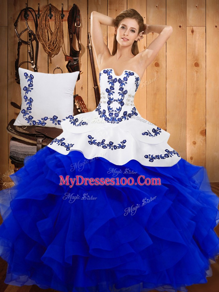 Perfect Blue Ball Gowns Satin and Organza Strapless Sleeveless Embroidery Floor Length Lace Up Vestidos de Quinceanera