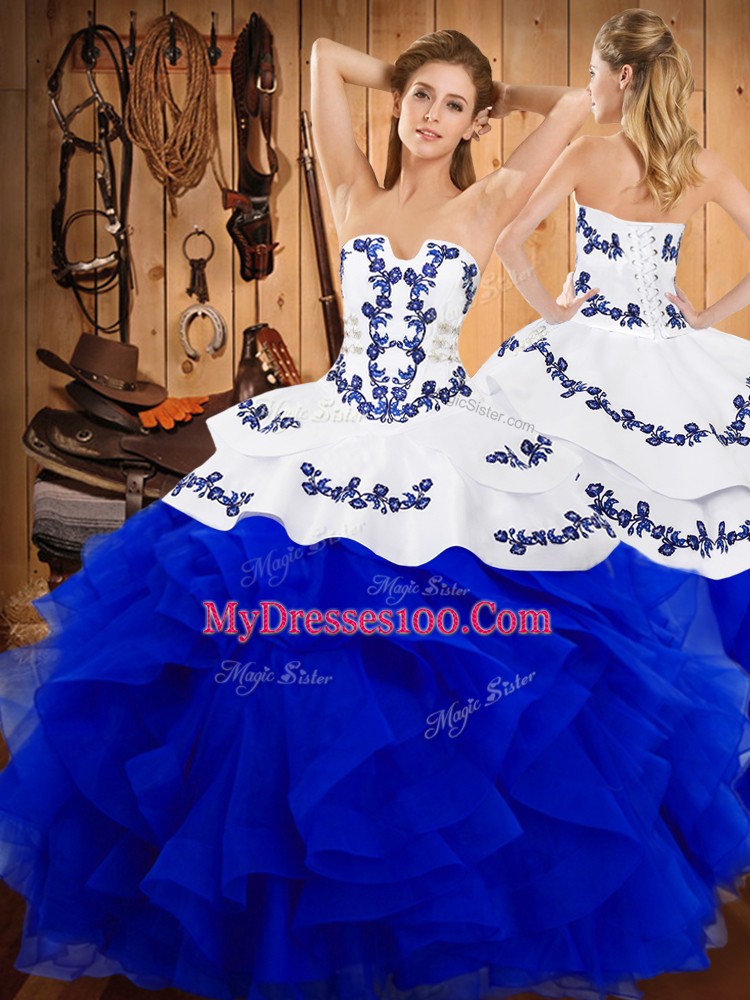 Perfect Blue Ball Gowns Satin and Organza Strapless Sleeveless Embroidery Floor Length Lace Up Vestidos de Quinceanera