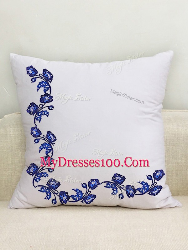 Perfect Blue Ball Gowns Satin and Organza Strapless Sleeveless Embroidery Floor Length Lace Up Vestidos de Quinceanera