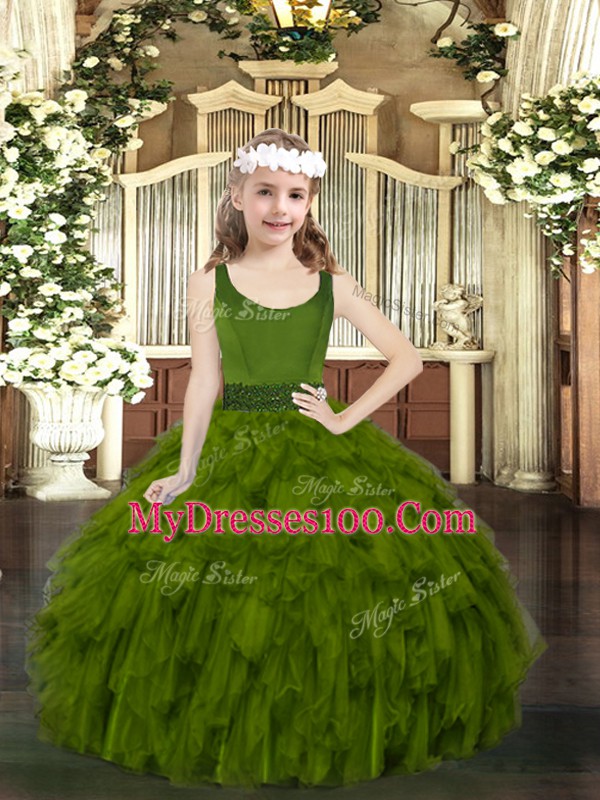 Floor Length Zipper Little Girls Pageant Gowns Olive Green for Party and Quinceanera with Beading and Ruffles