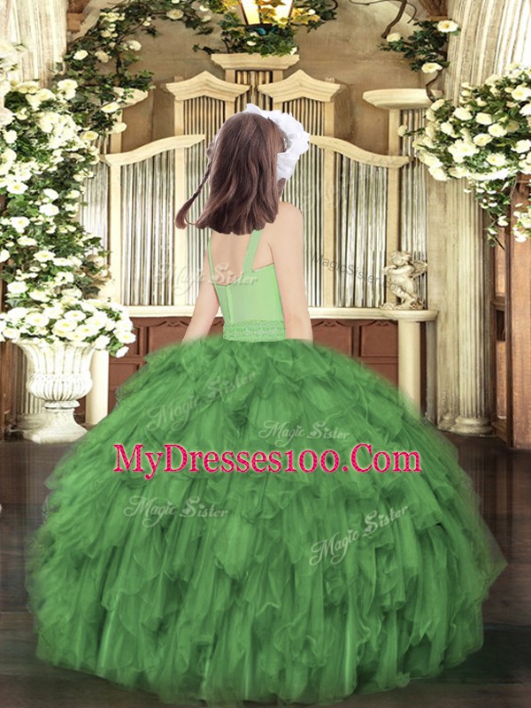 Floor Length Zipper Little Girls Pageant Gowns Olive Green for Party and Quinceanera with Beading and Ruffles