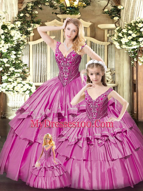 Fashionable Floor Length Fuchsia 15th Birthday Dress Organza Sleeveless Beading and Ruffled Layers