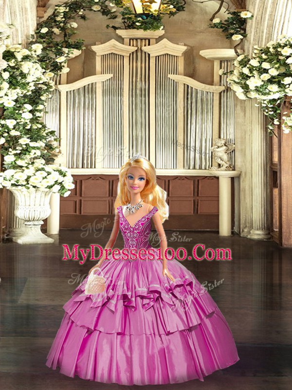 Fashionable Floor Length Fuchsia 15th Birthday Dress Organza Sleeveless Beading and Ruffled Layers