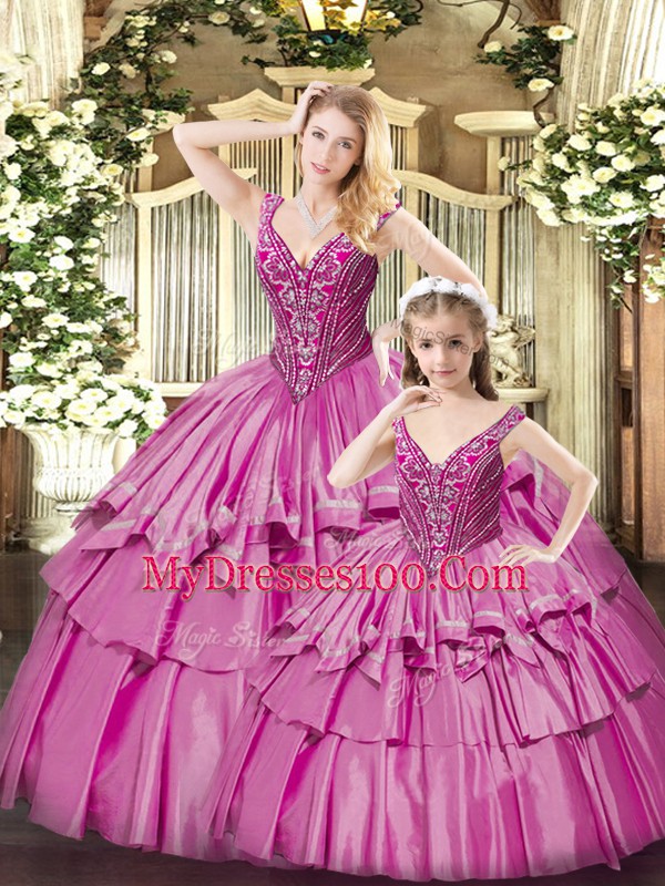 Fashionable Floor Length Fuchsia 15th Birthday Dress Organza Sleeveless Beading and Ruffled Layers