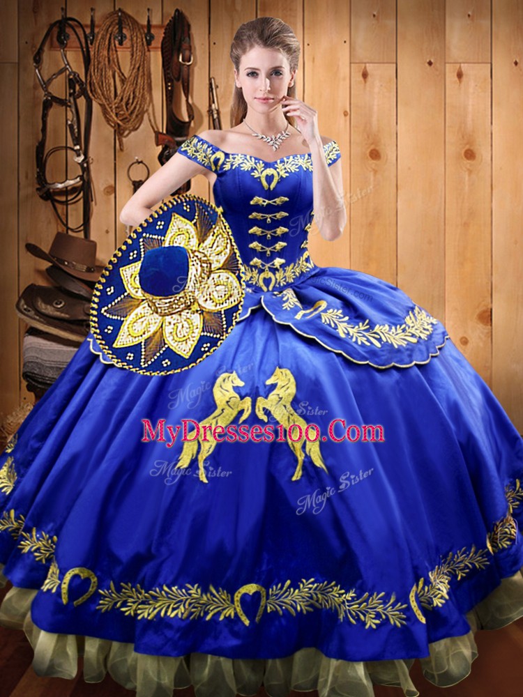 Beading and Embroidery Quinceanera Gown Royal Blue Lace Up Sleeveless Floor Length
