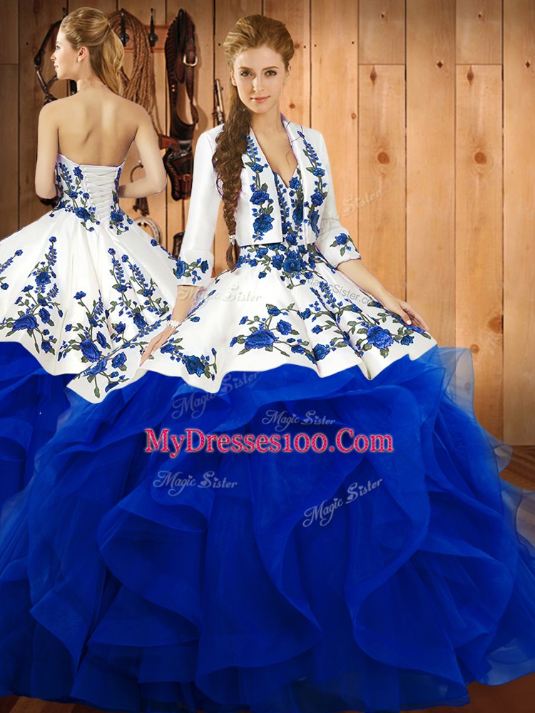 Cute Blue Ball Gowns Sweetheart Sleeveless Satin and Organza Floor Length Lace Up Embroidery and Ruffles Quinceanera Dress
