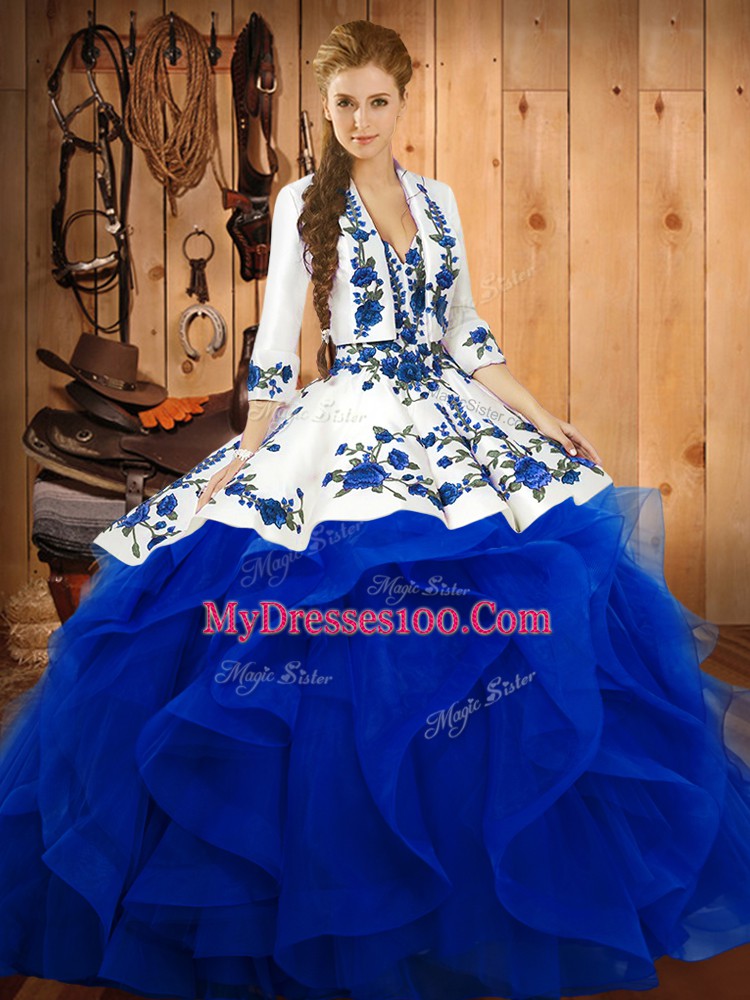 Cute Blue Ball Gowns Sweetheart Sleeveless Satin and Organza Floor Length Lace Up Embroidery and Ruffles Quinceanera Dress