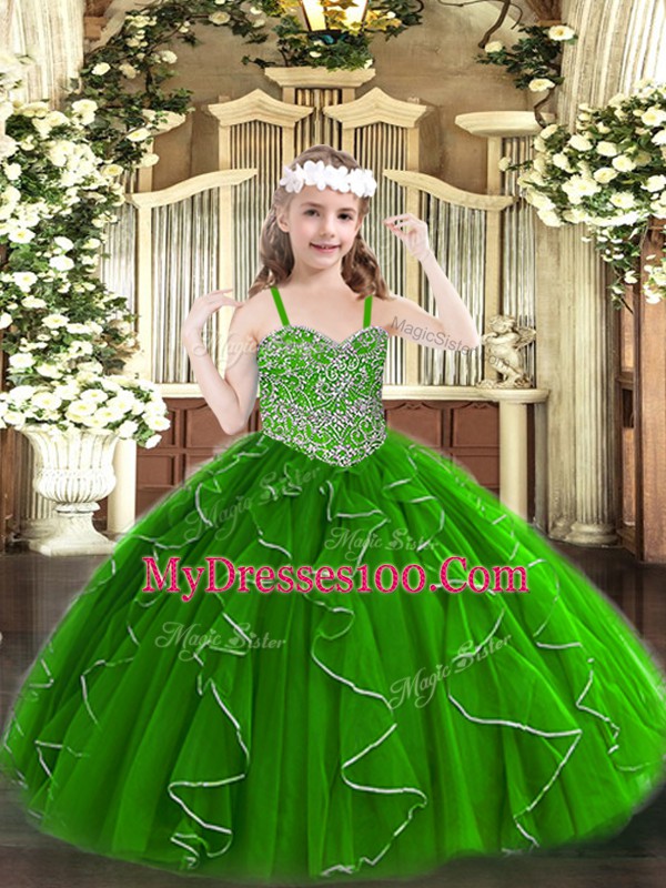 Fancy Green Straps Lace Up Beading and Ruffles Little Girl Pageant Gowns Sleeveless