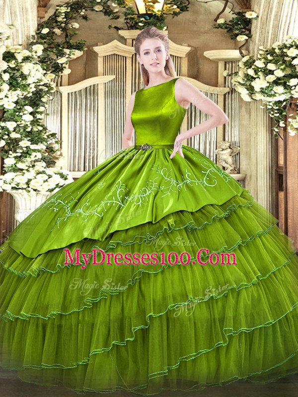 Best Sleeveless Satin and Organza Floor Length Lace Up Quinceanera Gown in Olive Green with Embroidery and Ruffled Layers