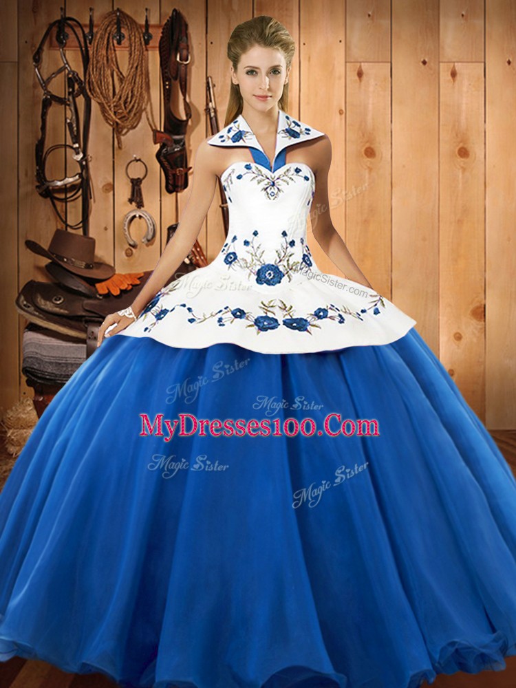 Blue And White Lace Up Halter Top Embroidery Ball Gown Prom Dress Satin and Tulle Sleeveless