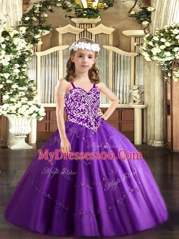 High Quality Floor Length Purple Little Girls Pageant Gowns Tulle Sleeveless Beading and Appliques