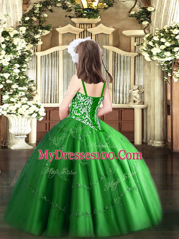 High Quality Floor Length Purple Little Girls Pageant Gowns Tulle Sleeveless Beading and Appliques