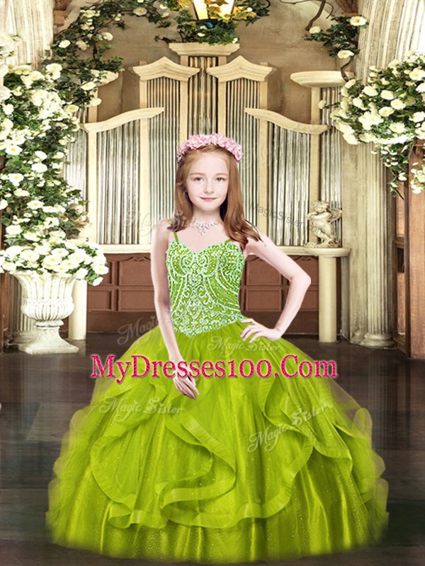 Top Selling Floor Length Olive Green Pageant Dress Womens Tulle Sleeveless Beading and Ruffles