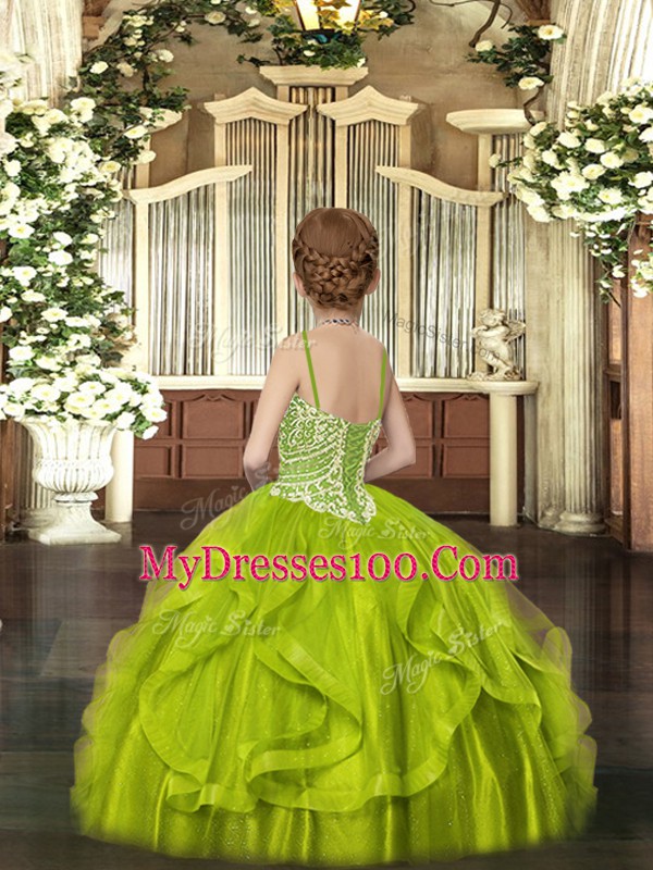 Top Selling Floor Length Olive Green Pageant Dress Womens Tulle Sleeveless Beading and Ruffles