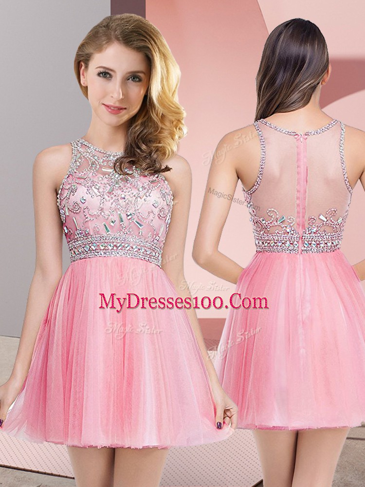 Scoop Sleeveless Tulle Prom Dresses Beading Zipper