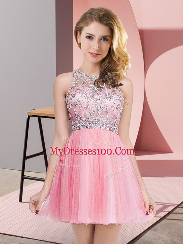 Scoop Sleeveless Tulle Prom Dresses Beading Zipper