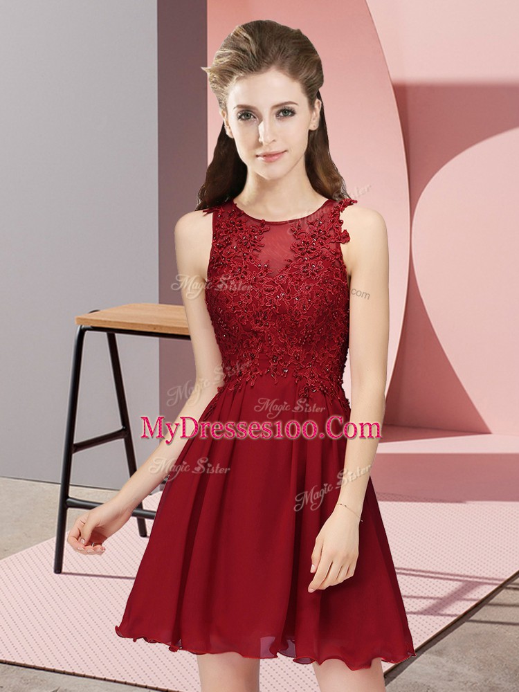 Dramatic Scoop Sleeveless Wedding Guest Dresses Mini Length Appliques Wine Red Chiffon