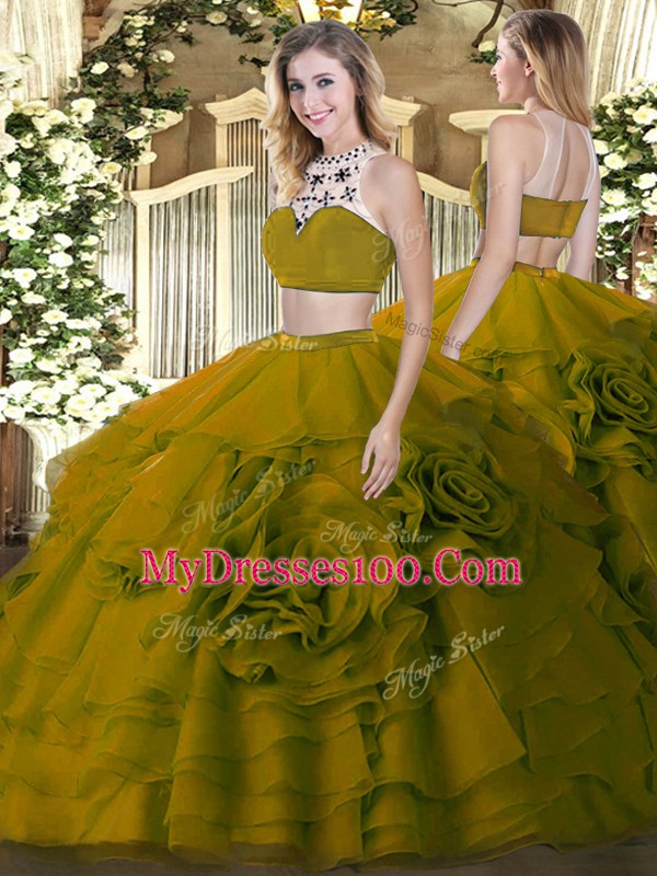 Great Sleeveless Tulle Floor Length Backless Sweet 16 Dress in Olive Green with Beading and Ruffled Layers